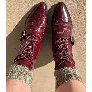 All Saints Katy Croc-Embossed Boots in Bordeaux Croc Leather US 7